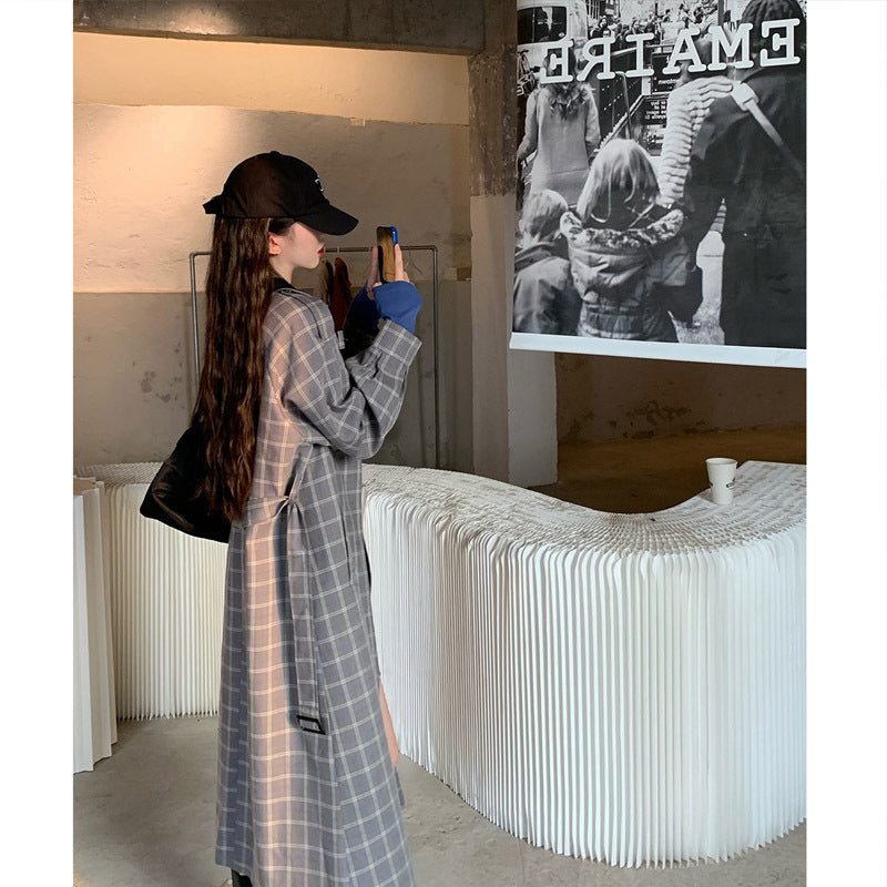 Women's Loose Plaid Double-breasted Trench Coat Jacket