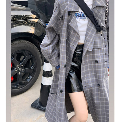 Women's Loose Plaid Double-breasted Trench Coat Jacket