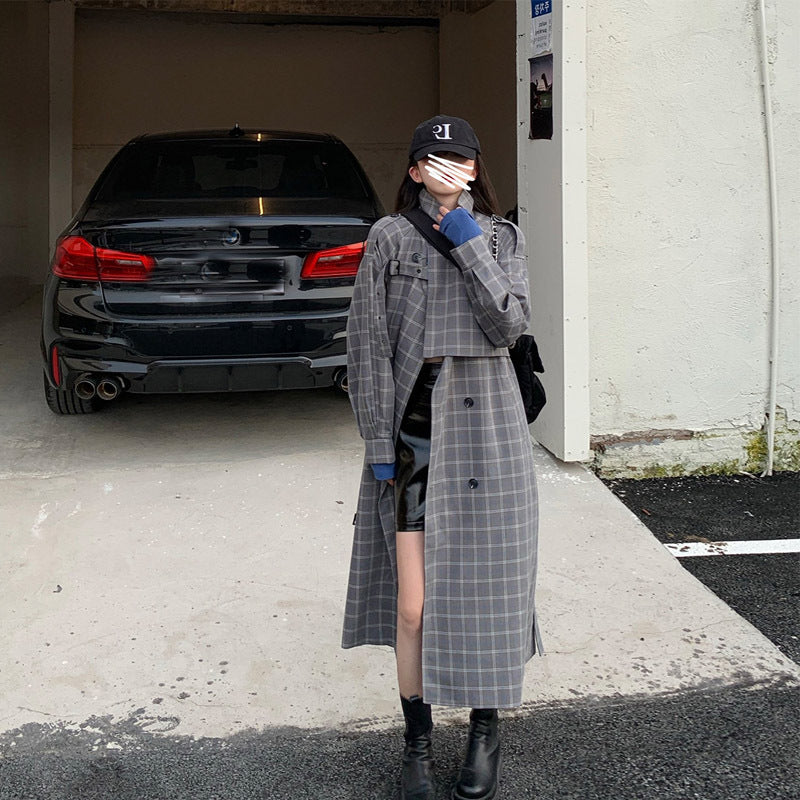 Women's Loose Plaid Double-breasted Trench Coat Jacket